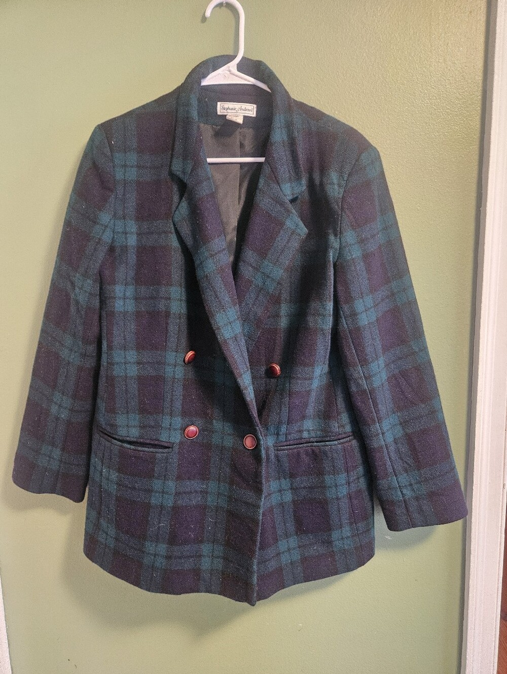 Stephanie Andrews Vintage Teal and Navy Plaid Double-Breasted Blazer